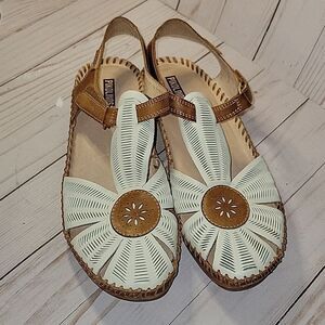PIKOLINOS Leather Flower Wedge Sandals Puerto Vallerta Size 41 Nata